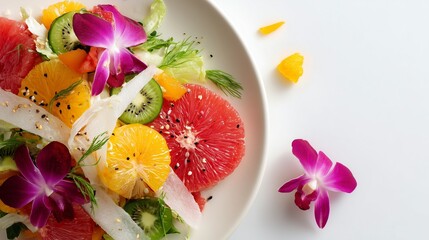 A fresh seasonal salad with tropical fruits on a white background, styled for summer health and wellness content