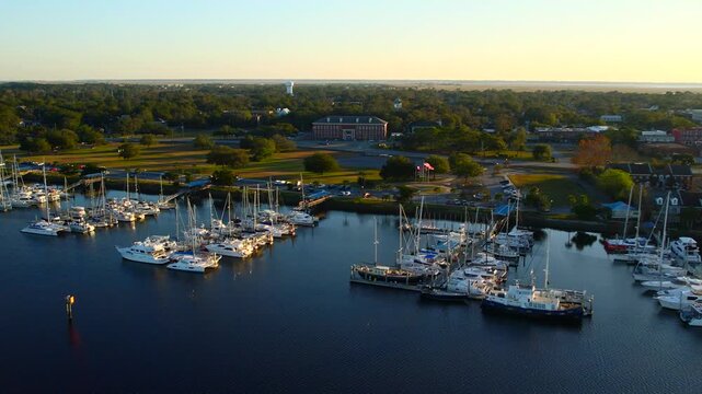 Aerial view of Brunswick Landing Marina, showcasing boats, buildings, and lush trees, with a mix of light and shadows creating a stunning contrast, Brunswick, Georgia, United States.
