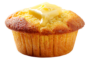 A golden cornbread muffin topped with melted butter and a drizzle of honey on transparent background