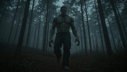 Fototapeta premium Walking shirtless muscular green humanoid barefoot along dirt path in misty pine forest