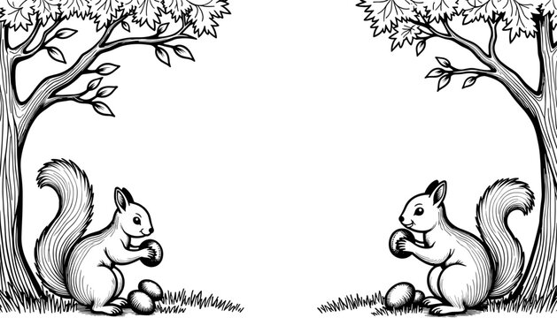 Abstract autumn frame with squirrels collecting nuts &ndash; Cute kids coloring design, black and white outline