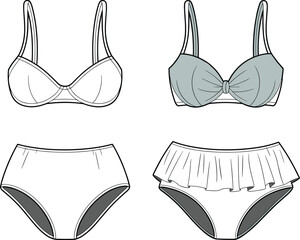 Bikini set fashion flat sketch, two-piece swimsuit front view, padded bra and high waist bottom, vector illustration template © Deep Mind Creations