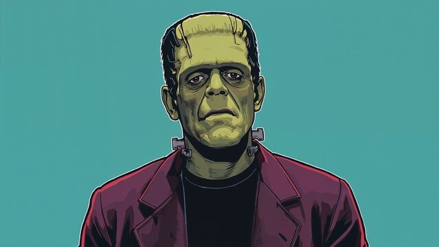 Showing Frankenstein-like figure in maroon jacket and shirt on teal backdrop, with metallic bolts