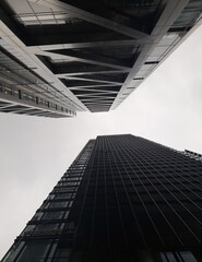 Fototapeta premium Looking up into the simple, dull, grey sky. Two dark, intricate skyscrapers growing tall into the sky. A brilliant picture: perfect for advertising. 