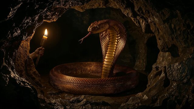 Shining handheld torch flame casting glow on coiled cobra snake in narrow cave, scales glistening