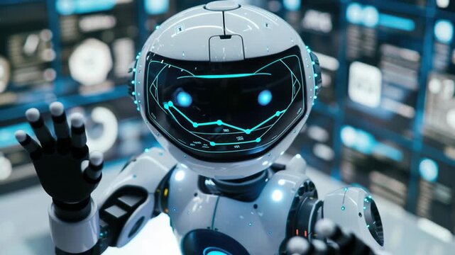 A robot stands in front of a wall of monitors, possibly monitoring or controlling the screens