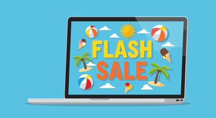Summer Flash Sale Banner on Laptop Screen with Beach Elements and Bright Colors for Online Promotion