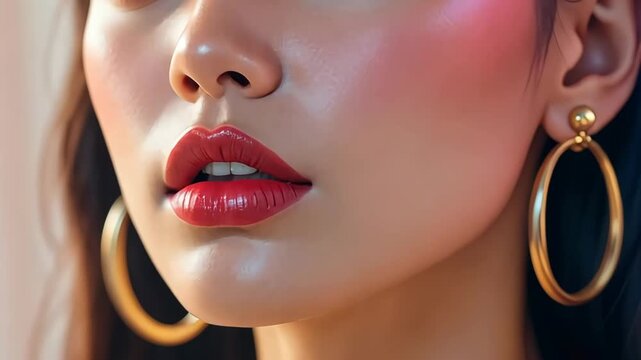 Close-up of female lips with glossy red lipstick and soft glowing skin under studio lights. Beauty and fashion concept - Powered by Adobe