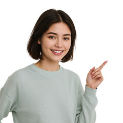 Charming brunette demonstrating a point, showcasing product benefits with light blue sweater