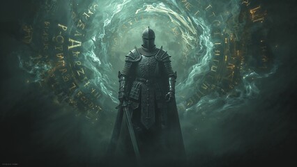 Holding longsword, armored knight standing before glowing portal in emerald mist with golden runes