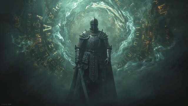 Holding longsword, armored knight standing before glowing portal in emerald mist with golden runes - Powered by Adobe