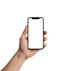 Hand holding modern smartphone with blank screen against simple elegant backdrop