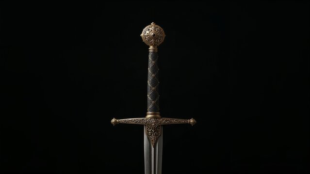 Displaying ornate medieval sword standing in studio against black backdrop, with gold-plated pommel