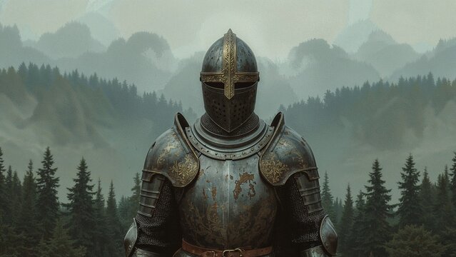 Standing knight in etched armor facing forward at misty conifer forest clearing, with cross helmet - Powered by Adobe