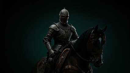 Fototapeta premium Medieval knight holding reins and riding dark horse in studio, with engraved armor highlights