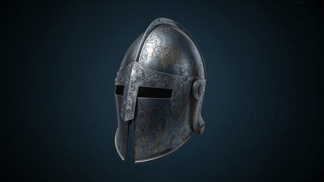 Floating medieval steel helmet showing engraved patterns and hinged cheek guard in studio