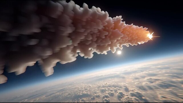 A hypersonic missile streaking across the upper atmosphere, leaving a fiery trail behind it. The missile's sharp, angular design and glowing plasma shockwave convey its immense speed, exceeding Mach 5