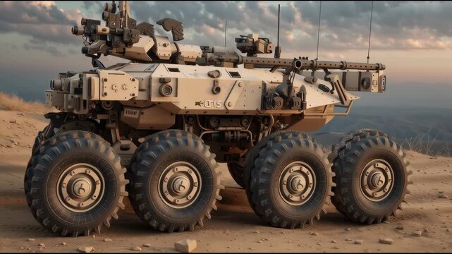 A heavily armored, unmanned ground vehicle (UGV) patrolling a desolate landscape. It's equipped with multiple sensor arrays, a heavy machine gun, and a sleek, low-profile design for stealth.