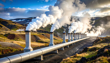 Geothermal Energy Plant: A modern geothermal energy plant harnesses the earth's natural heat, with steam billowing from industrial smokestacks, set against a backdrop of rolling hills and clear skies.