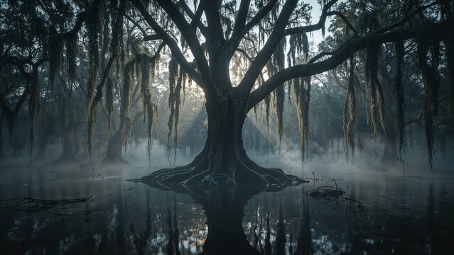 Standing cypress tree rooting into swamp water mist, draping Spanish moss, filtering sunlight rays - Powered by Adobe