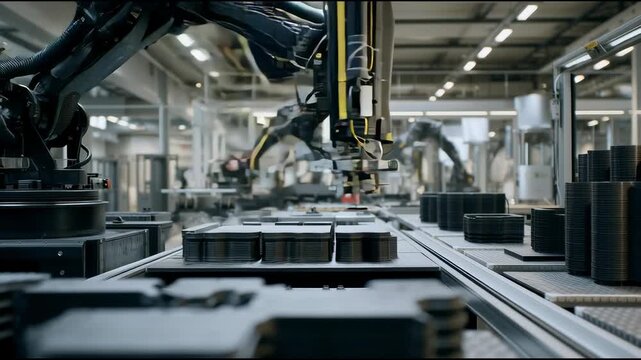 A military manufacturing facility utilizing advanced 3D printing to create complex drone parts and specialized equipment. Robotic arms move precisely, layering materials to build intricate components.