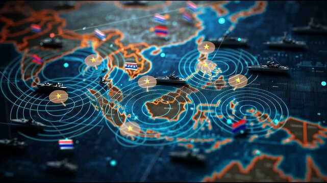 A large digital map of Southeast Asia with Thai and Cambodian flags marked, floating military icons like naval fleet, radar waves, and communication satellites - Powered by Adobe