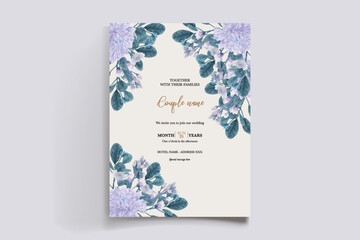 WEDDING INVITATION FRAME WITH FLOWER DECORATIONS AND FRESH LEAVES