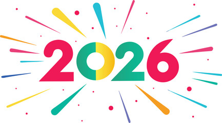Brightly colored 2026 numbers exploding with festive fireworks and confetti isolated on transparent background