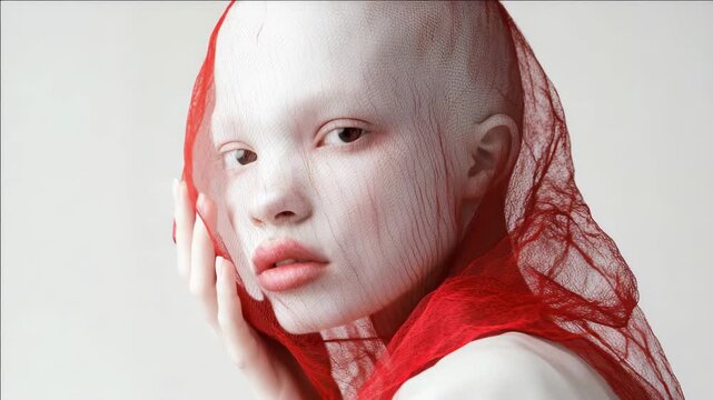 A modern portrait of a model with a striking red veil covering the face and torso, showcasing her expression and skinless state, emphasizing on texture and style.