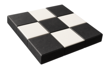 Checkerboard paving tile for a playful garden setting in a family home, combining black and white squares in a playful pattern.