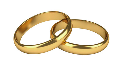 Two golden wedding rings intersecting on transparent background