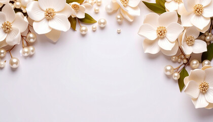 Elegant white flowers and pearls creating a border on a white background