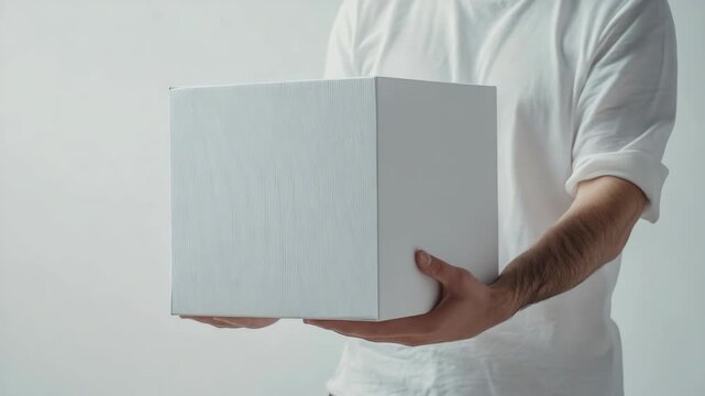 White cardboard box held by hand in front of white background.