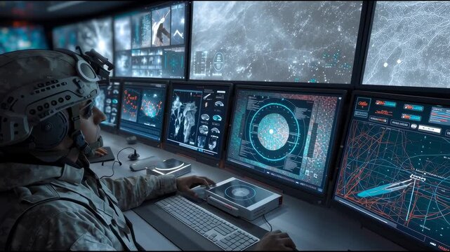 An AI-powered central command, where a central AI core processes vast amounts of battlefield data from various sources (satellites, drones, ground sensors) to provide real-time strategic analysis and 