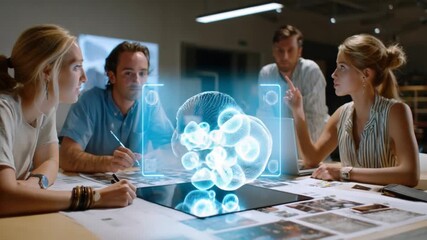 Collaborative Technology: A diverse group of colleagues is gathered around a table, attentively studying an innovative holographic projection showcasing intricate scientific data. - Powered by Adobe