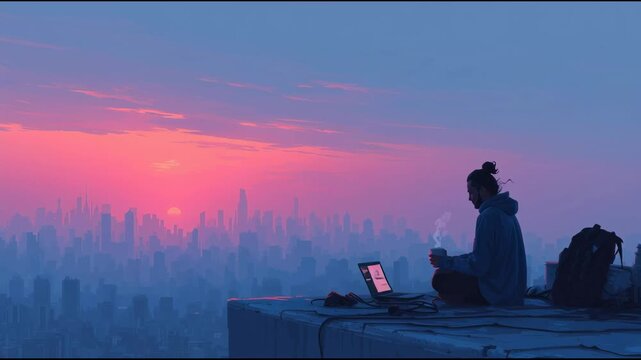 Digital nomad at sunrise rooftop with open laptop, sipping coffee, city skyline in the background