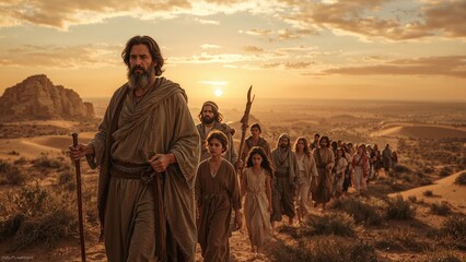 Walking pilgrims in earth-toned woven robes crossing sandy desert at sunset, holding wooden staffs