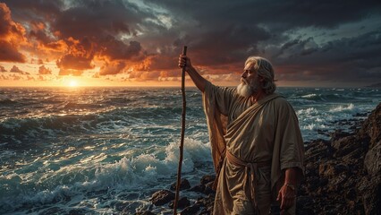 Standing senior traveler wearing tunic holding wooden staff on rocky shore at sunset, copy space