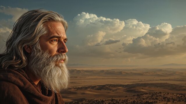 Gazing silver-haired Middle Eastern man wearing brown hooded cloak at vast desert dunes, copy space - Powered by Adobe