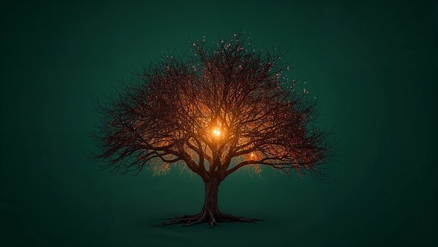 Leafless tree featuring glowing orb at core in studio, with branches holding twinkling lights - Powered by Adobe