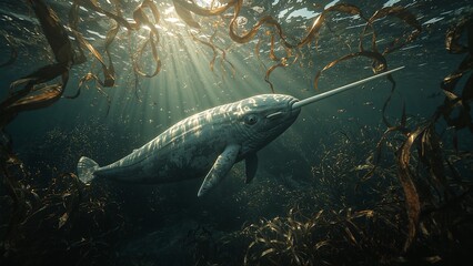 Gliding solitary narwhal with tusk through underwater kelp forest, with small fish and air bubbles