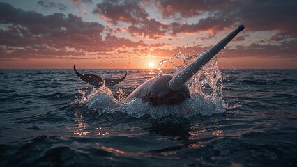 Surfacing narwhal breaking water surface in open sea at sunset, with spiral tusk and tail fluke