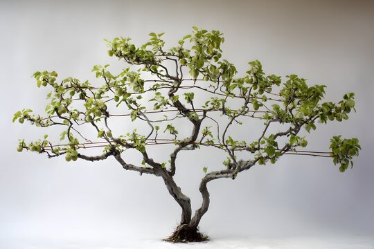 A trained fruit tree displaying horizontal branches via espalier method.