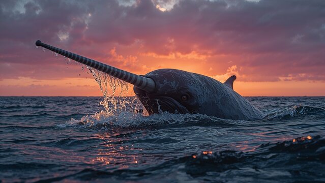 Breaking narwhal with spiraled tusk surfacing at open ocean sunset, with water droplets and waves - Powered by Adobe