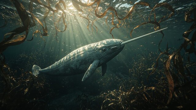 Gliding solitary narwhal with tusk through underwater kelp forest, with small fish and air bubbles - Powered by Adobe