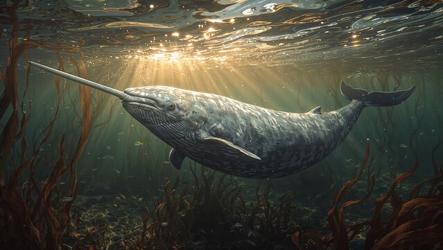 Mottled narwhal gliding in shallow kelp forest, with tusk stalks fronds fish and sunlight shafts - Powered by Adobe