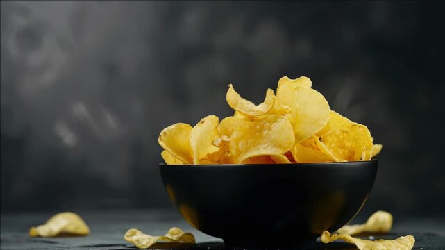 Pile of tasty, crispy potato chips served in a bowl. Perfect for snacking and parties.