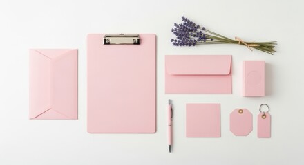 A set of pink stationery items, including envelopes, a clipboard, and tags, are arranged with lavender sprigs