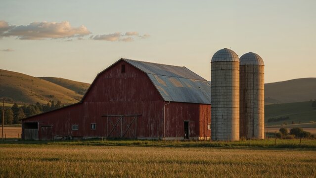 Showcasing red barn with metal roof standing by two concrete silos in golden field, rolling hills