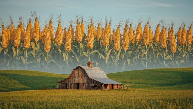 Weathered wooden barn standing in grassy field, with pitched metal roof, cupola, haze and corn cobs - Powered by Adobe